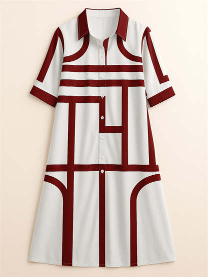 Women's Elegant Geometric Strip Printed  Long Sleeve Knee Length Shirt Dress