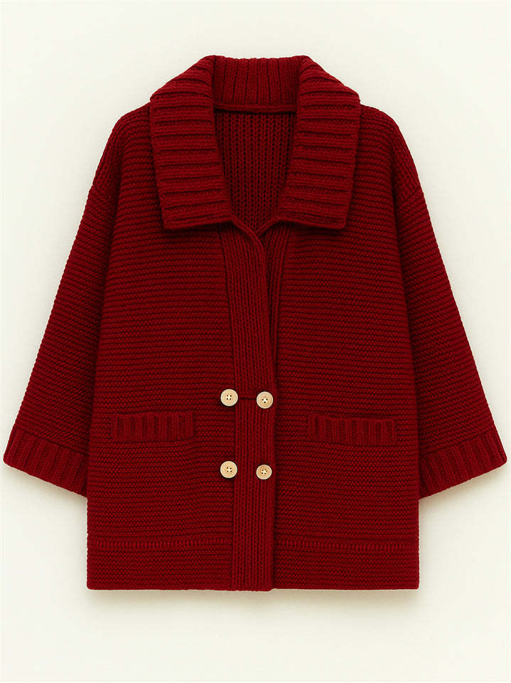 Plus Size Winter Solid Color Double Breasted Cardigan Knitted Sweaters
