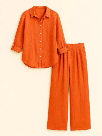 Casual Holiday Style Lapel Solid Color Long Sleeve Shirt & Pant Set
