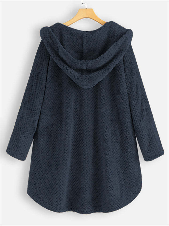 Women's Autumn Fleeced Solid Color Loose Hooded Coats