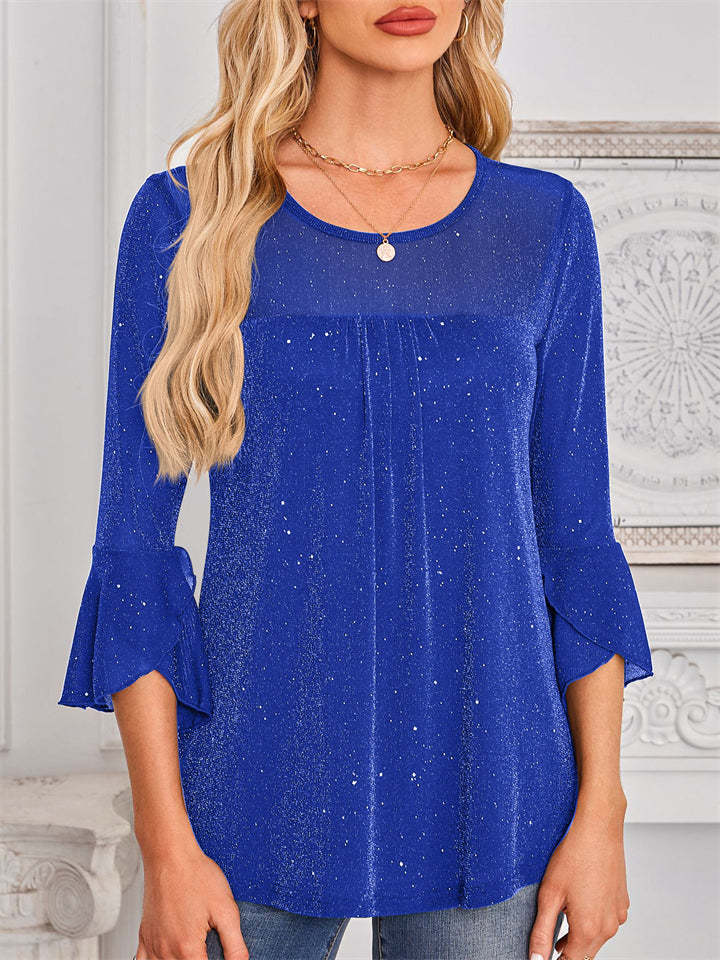 Women's Solid Color Mesh Patchwork Bling 3/4 Flare Sleeve Shirt