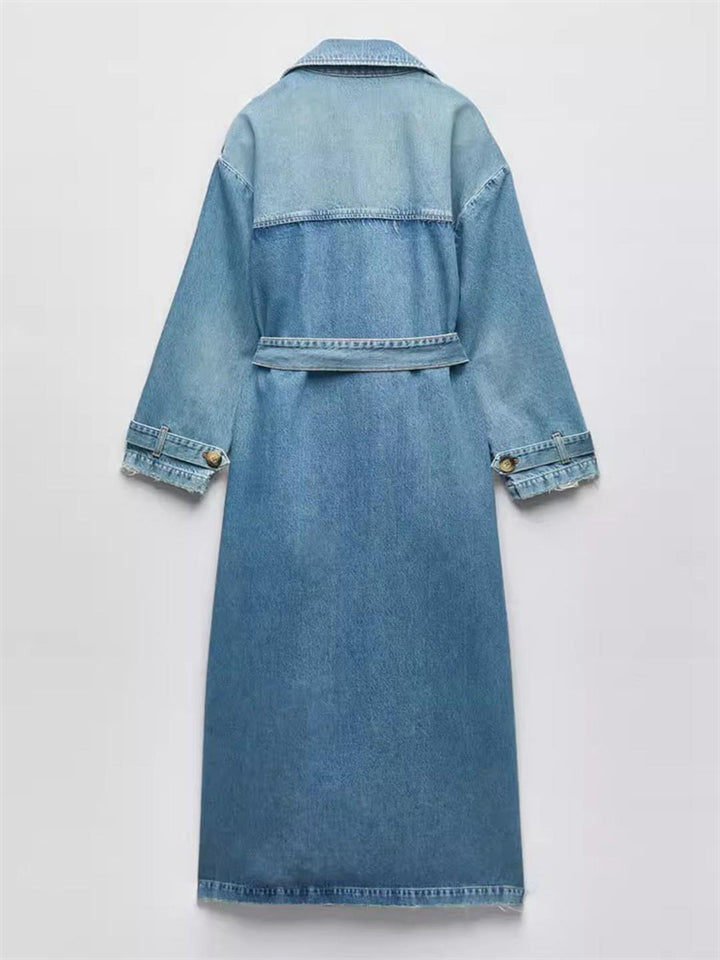Trendy Double Breasted Belted Denim Trench Coat For women
