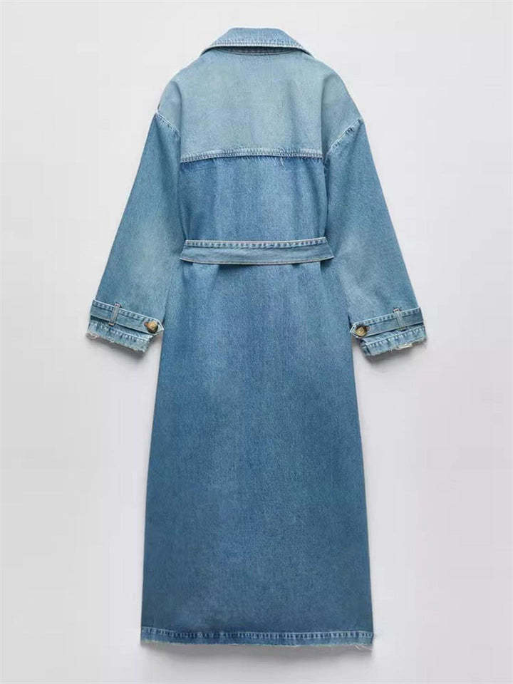 Trendy Double Breasted Belted Denim Trench Coat For women