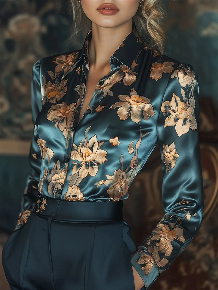 Elegant Golden Floral Printed Satin Slim Fit Long Sleeve Shirts
