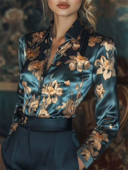 Elegant Golden Floral Printed Satin Slim Fit Long Sleeve Shirts