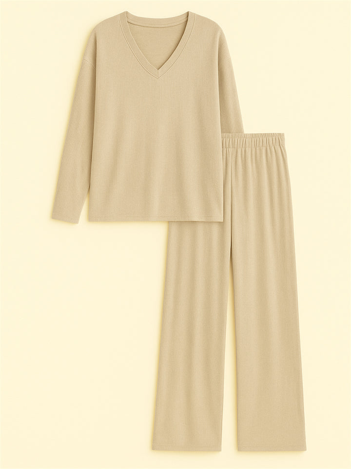 Loose Solid Color Autumn V Neck Drop Shoulder Long Sleeve Outfit for Women