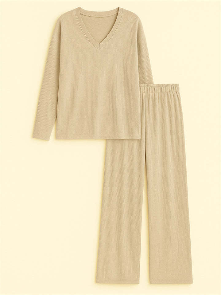 Loose Solid Color Autumn V Neck Drop Shoulder Long Sleeve Outfit for Women