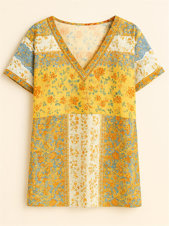 Summer Holiday Style Floral Print V Neck T-Shirt for Women