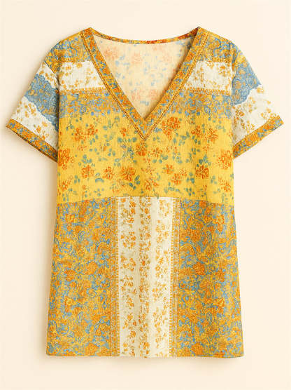 Summer Holiday Style Floral Print V Neck T-Shirt for Women