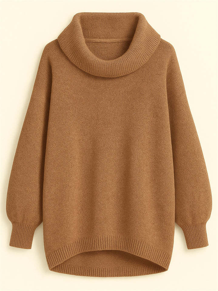 Casual Solid Color Turtleneck Kangaroo Pocket Lantern Sleeve Sweaters for Women