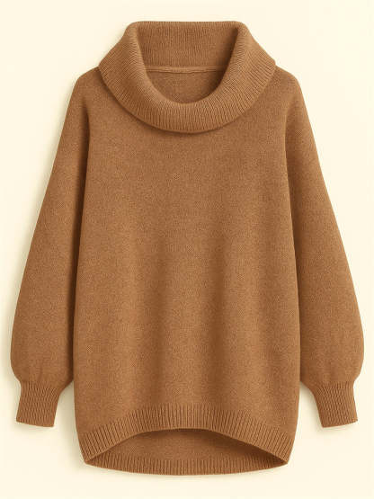 Casual Solid Color Turtleneck Kangaroo Pocket Lantern Sleeve Sweaters for Women