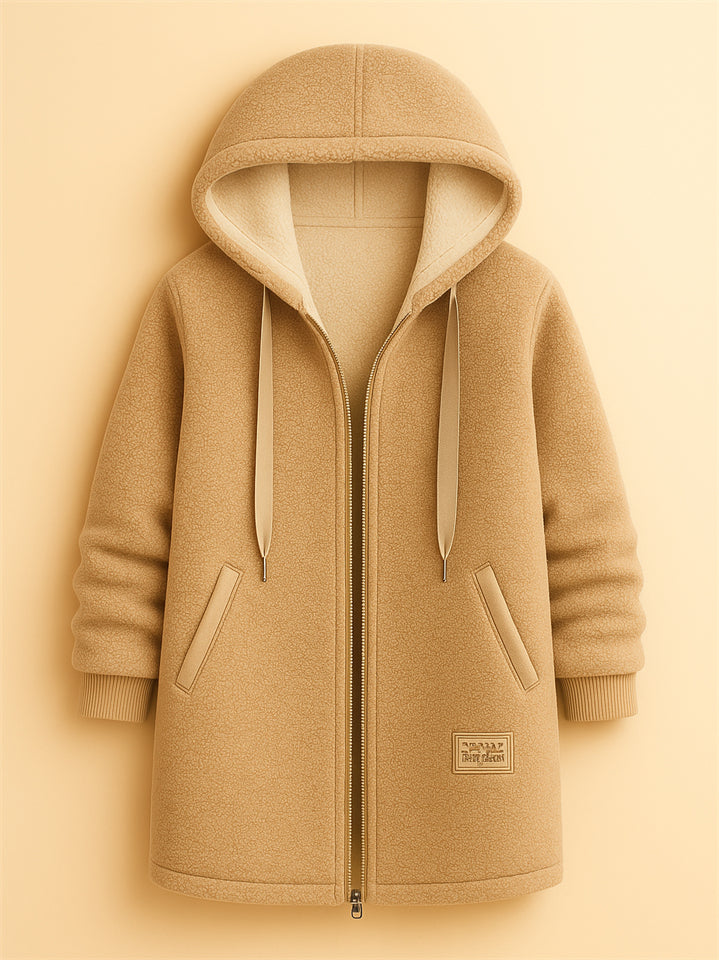 Women's Simple Zip Up Mid-Length Hooded Fleece Coats