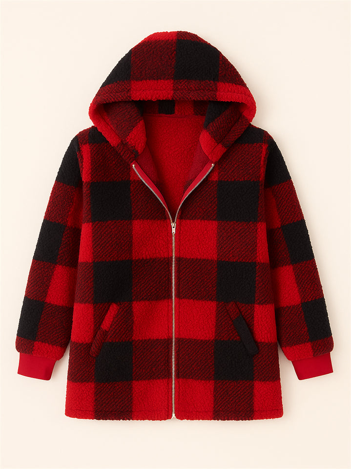 Women's Autumn Classic Plaid Zip Up Pockets Hooded Jackets