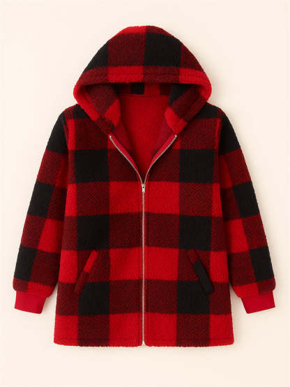Women's Autumn Classic Plaid Zip Up Pockets Hooded Jackets