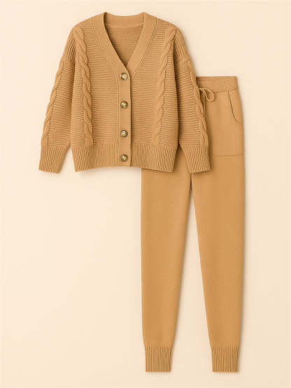 Women's Simple V-Neck Solid Color Pit Stripe Button Up Sweater Outfits