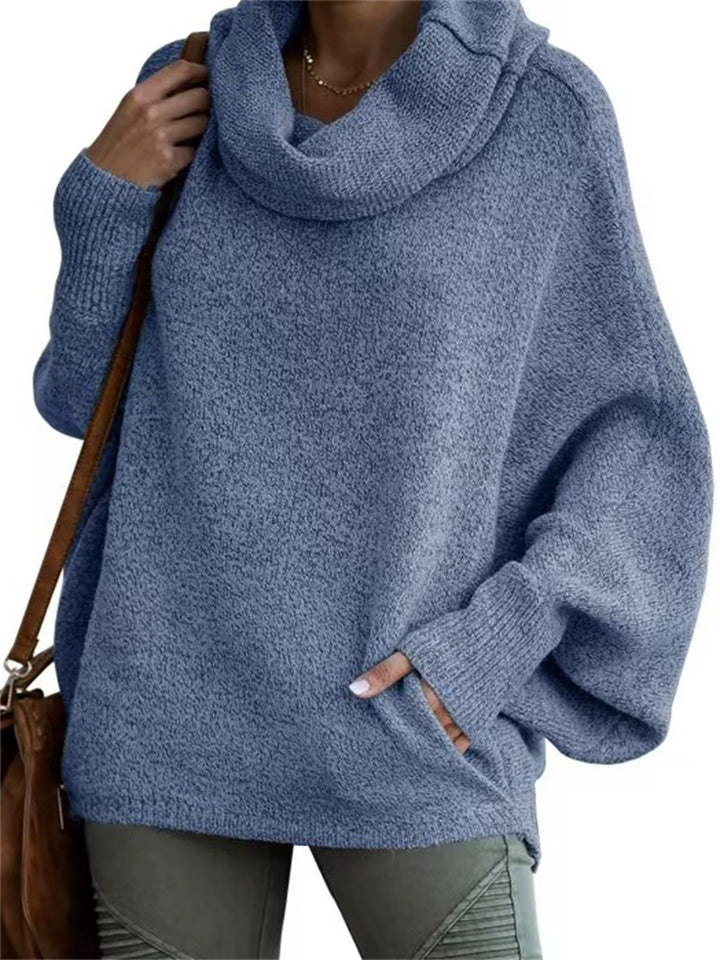 Casual Solid Color Turtleneck Kangaroo Pocket Lantern Sleeve Sweaters for Women