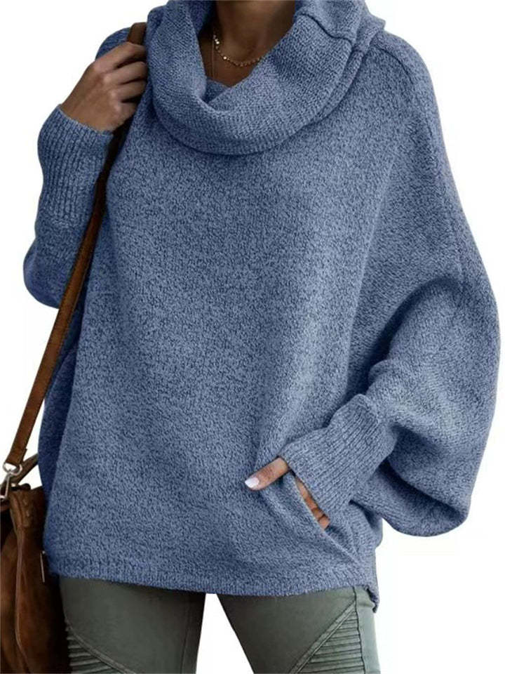 Casual Solid Color Turtleneck Kangaroo Pocket Lantern Sleeve Sweaters for Women