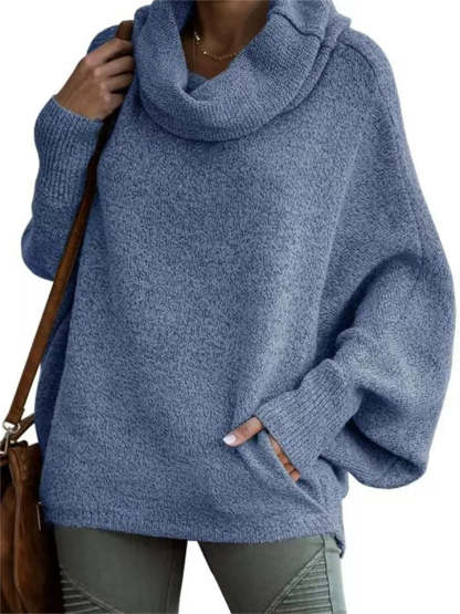 Casual Solid Color Turtleneck Kangaroo Pocket Lantern Sleeve Sweaters for Women