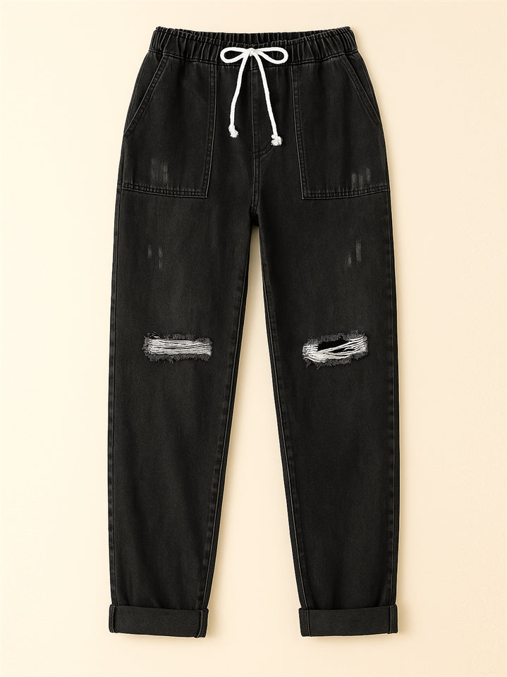 Women's Elastic Waist Solid Color Ripped Jeans