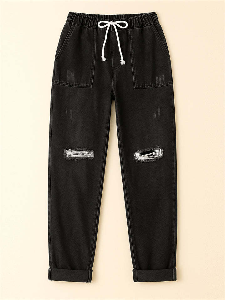 Women's Elastic Waist Solid Color Ripped Jeans