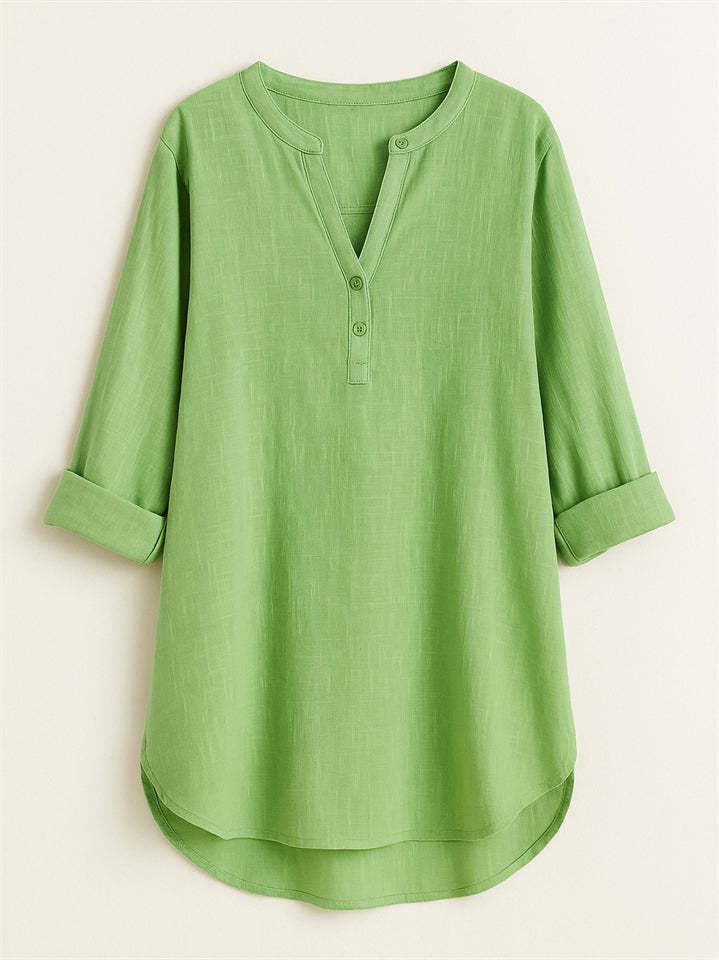 Women's Summer Solid Color Holiday Style V Neck Long Sleeve Shirt