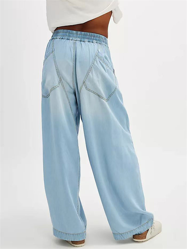 Vintage Solid Color Pockets Elastic Waist Drape Wide Leg Denim Pants