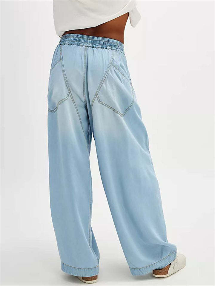 Vintage Solid Color Pockets Elastic Waist Drape Wide Leg Denim Pants