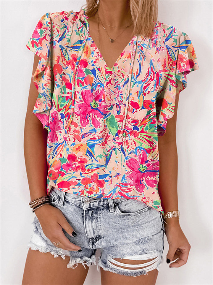 Women's Summer Boho Style Floral Print Ruffled Short Sleeve Shirts