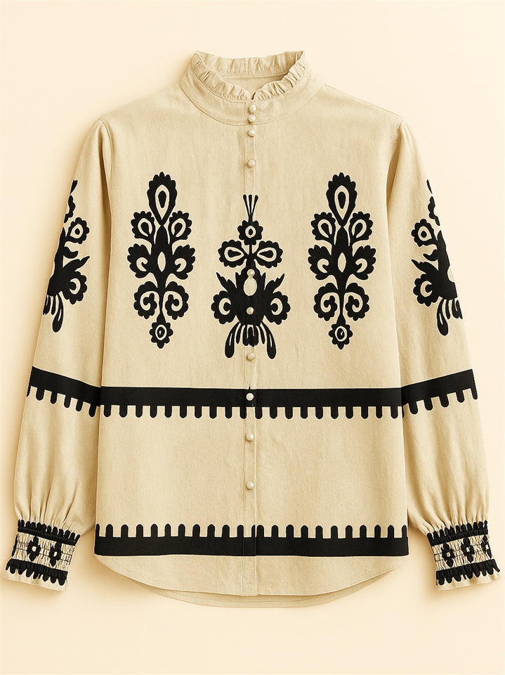 Ladies' Vintage Ethnic Style Printed Stand Collar Long Sleeve Blouses