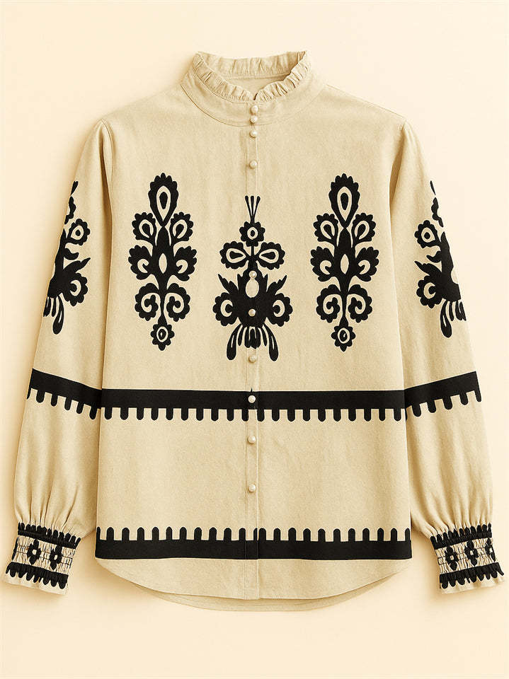 Ladies' Vintage Ethnic Style Printed Stand Collar Long Sleeve Blouses