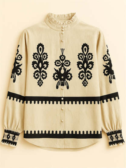 Ladies' Vintage Ethnic Style Printed Stand Collar Long Sleeve Blouses