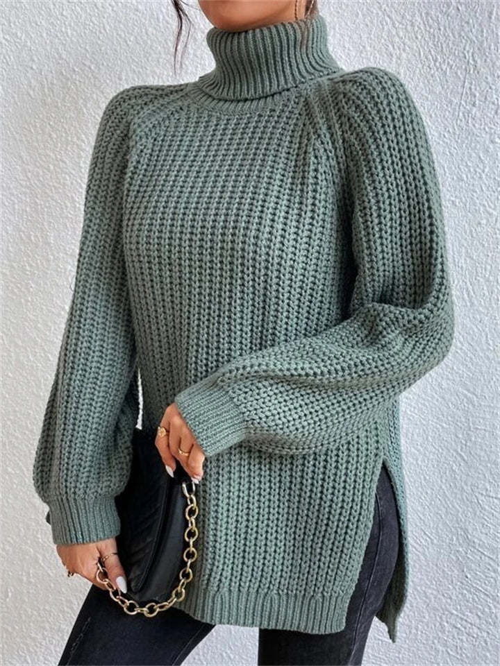Women's Solid Color Turtleneck Split Hem Long Sleeve Knitted Sweaters
