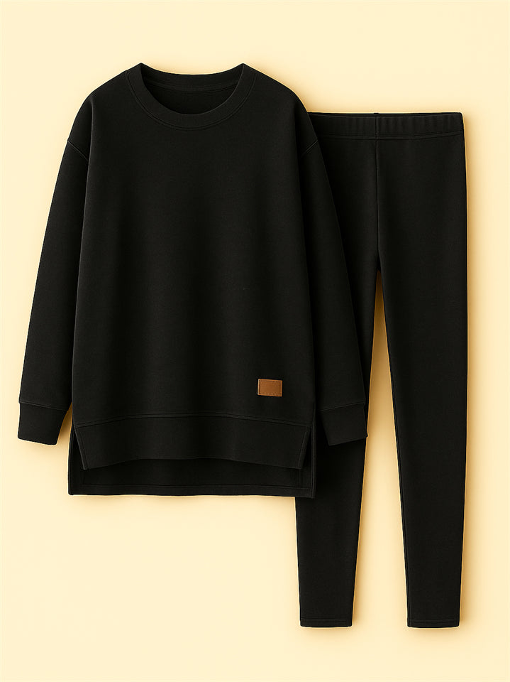 Women's Casual Round Neck Solid Color Asymmetric Hem Sweatshirts & Sweatpants Outfit