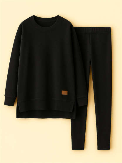 Women's Casual Round Neck Solid Color Asymmetric Hem Sweatshirts & Sweatpants Outfit