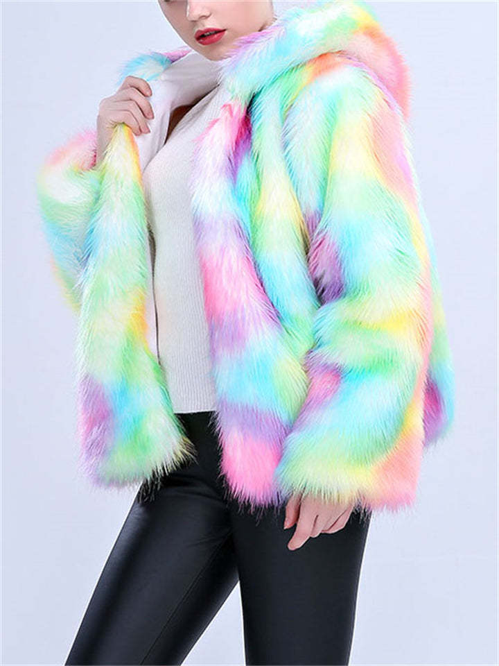 Women's Hooded Colourful Faux Fur Cardigan Coats