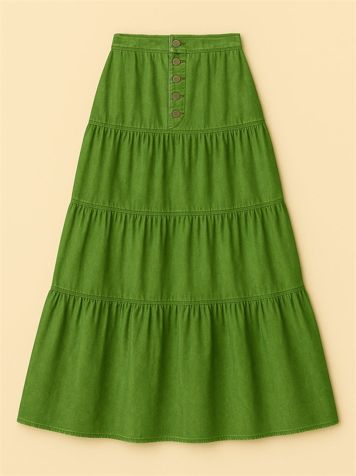 Women Bohemian Style A-line Button Front Denim Tiered Skirt