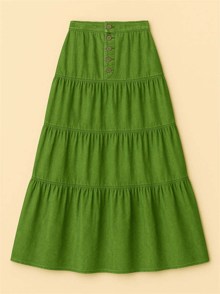 Women Bohemian Style A-line Button Front Denim Tiered Skirt