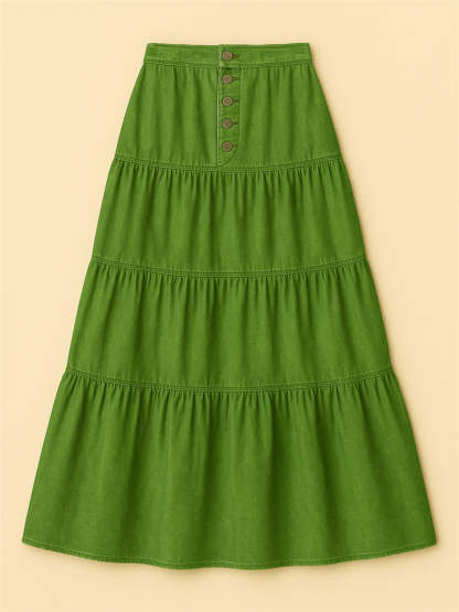 Women Bohemian Style A-line Button Front Denim Tiered Skirt