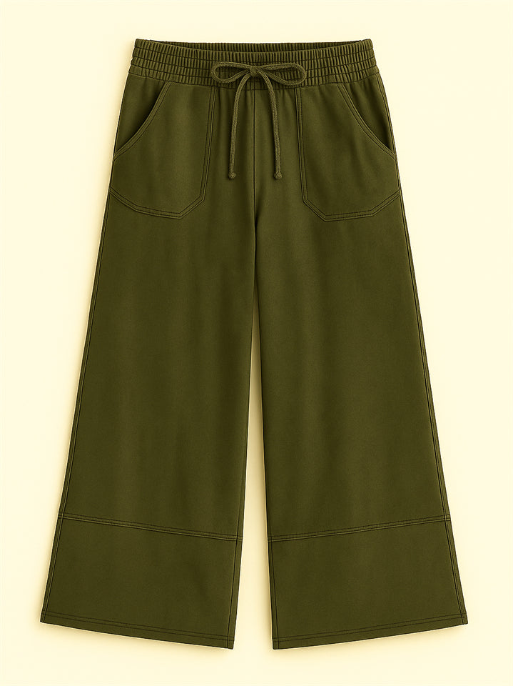 Women's Distressed Solid Color Pockets Elastic Waist Wide Leg Pants