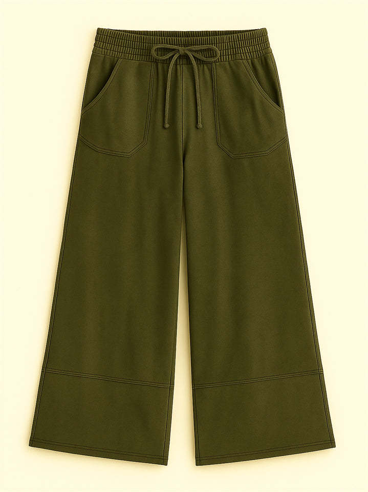 Women's Distressed Solid Color Pockets Elastic Waist Wide Leg Pants