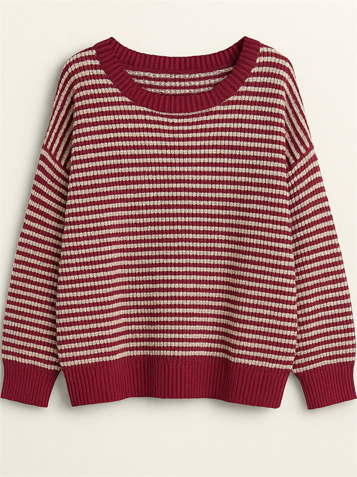 Comfy Autumn Elegant Contrast Color Striped Sabrina Collar Sweaters