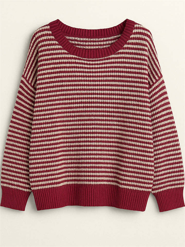 Comfy Autumn Elegant Contrast Color Striped Sabrina Collar Sweaters