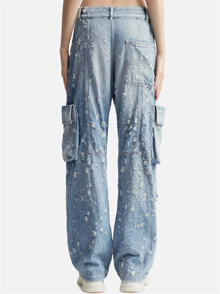 Trendy Women's Blue Wide Leg Cargo Ripped Denim Pants