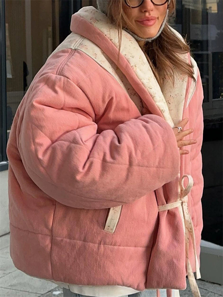 Winter Warm Lace Up Printed Reversible Garment Coat for Women