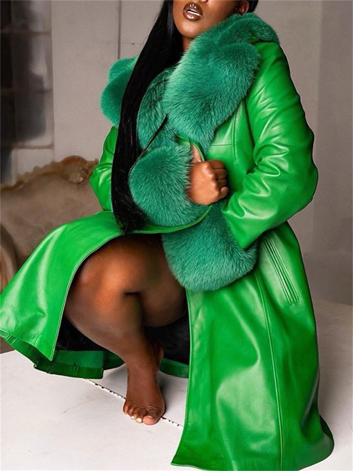 Women's Vintage Faux Fur Collar Glossy PU Leather Mid-Length Coats