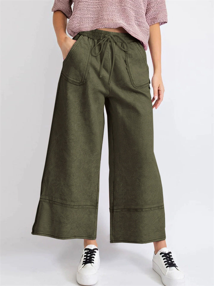 Women's Distressed Solid Color Pockets Elastic Waist Wide Leg Pants