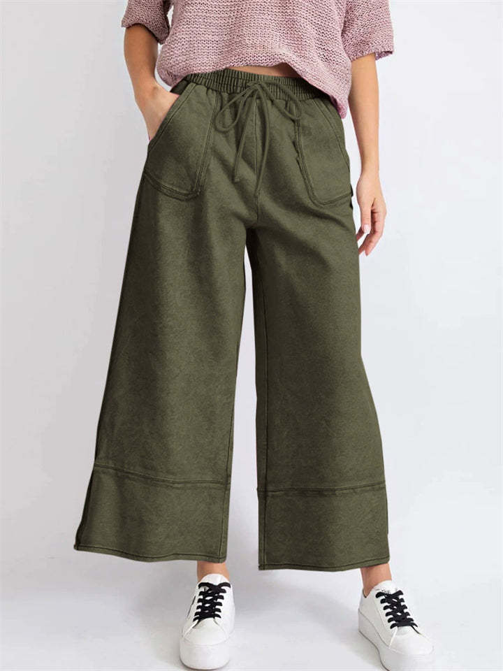 Women's Distressed Solid Color Pockets Elastic Waist Wide Leg Pants