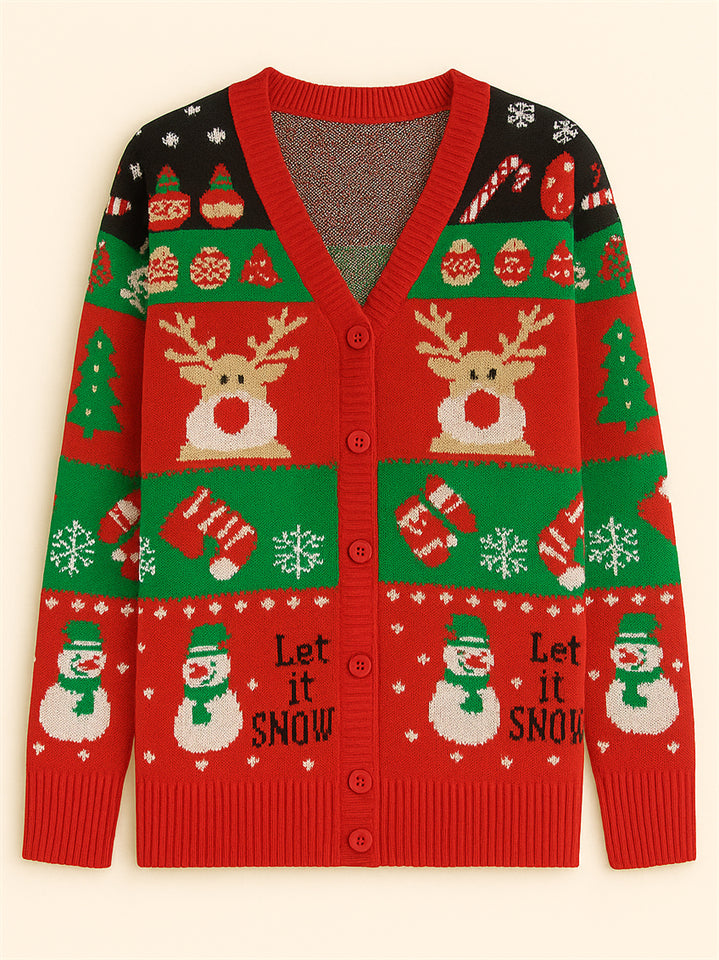 Women's Autumn Snowman Elk V Neck Long Sleeve Cardigan Christmas Sweaters