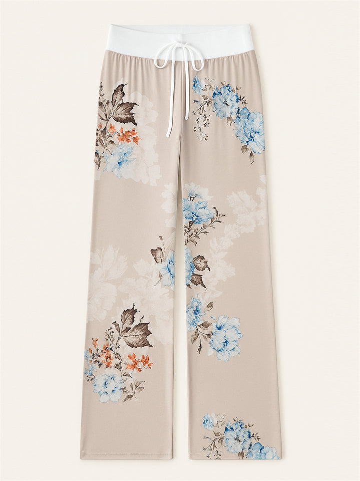 Women's Casual Floral Printed Drawstring Wide-Leg Pants