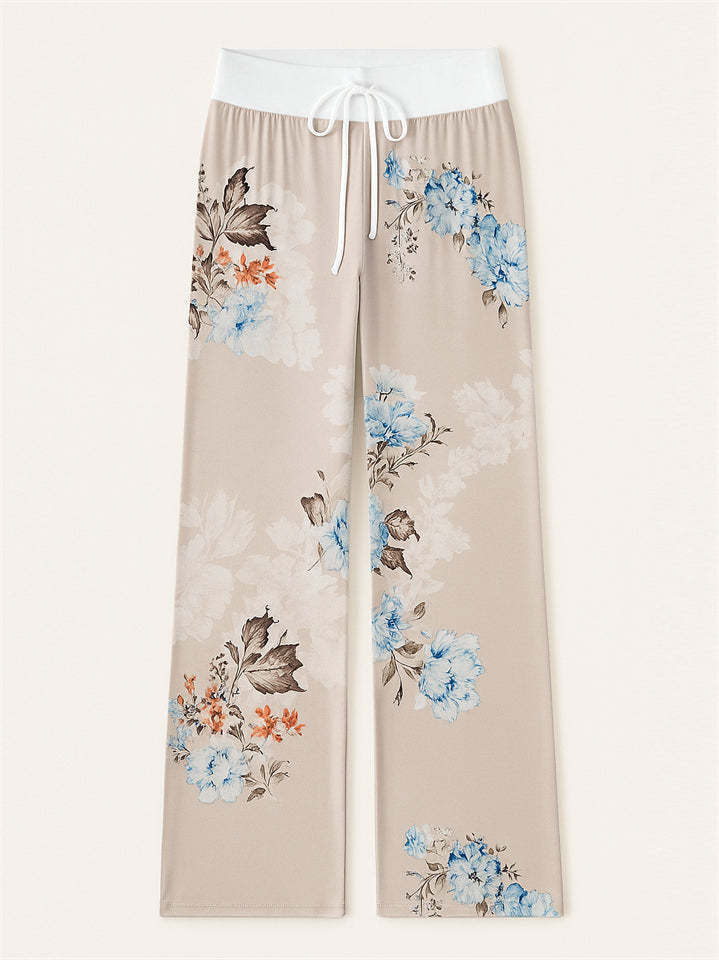 Women's Casual Floral Printed Drawstring Wide-Leg Pants